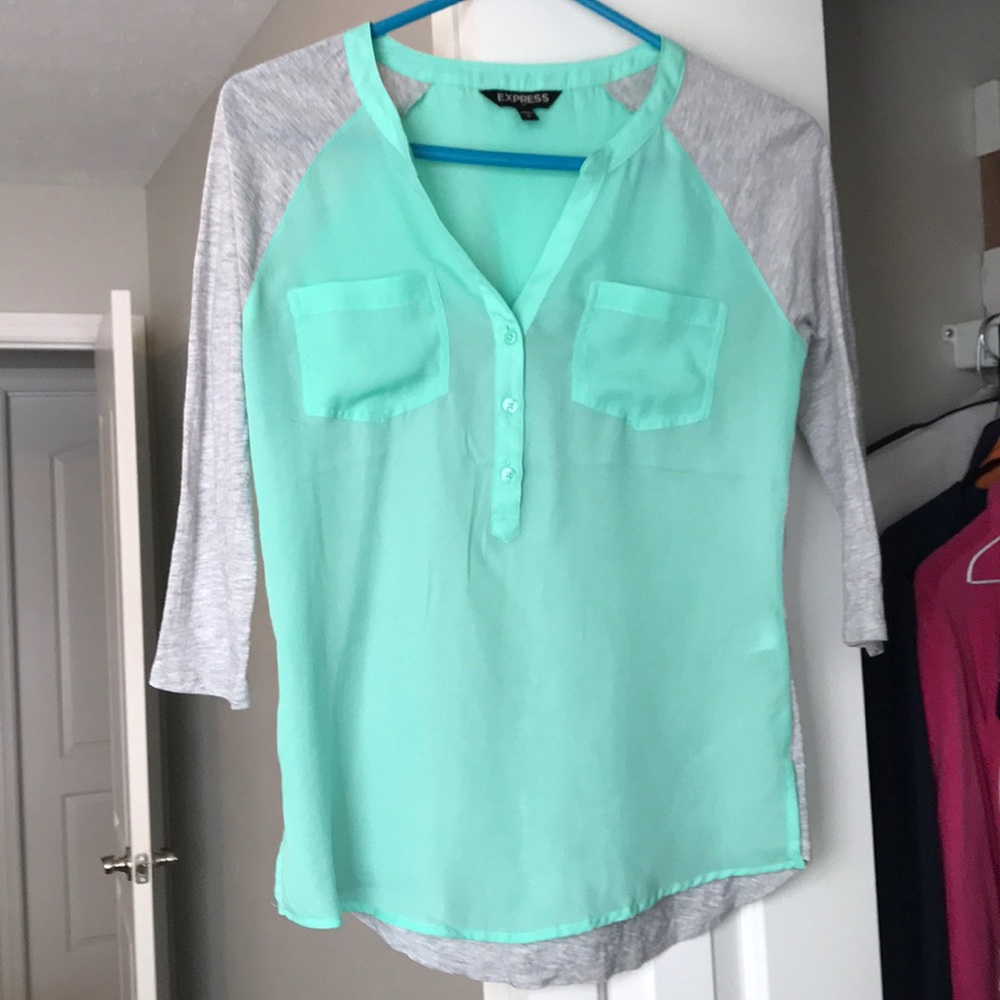 Express aqua and grey half button v-neck top
